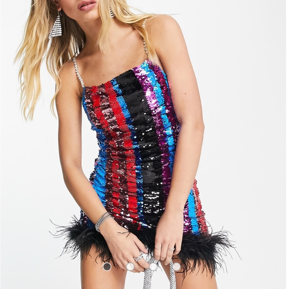 Amy Lynn multi striped sequin mini dress with feather trim. Perfect condition.